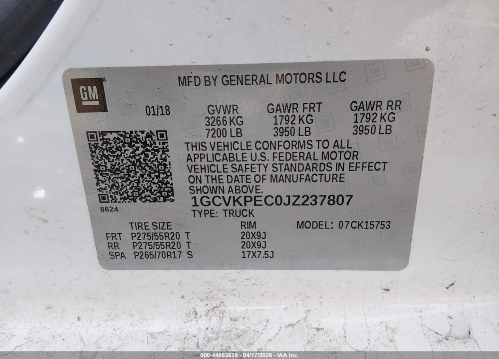 2018 CHEVROLET SILVERADO 1500 CUSTOM VIN: 1GCVKPEC0JZ237807