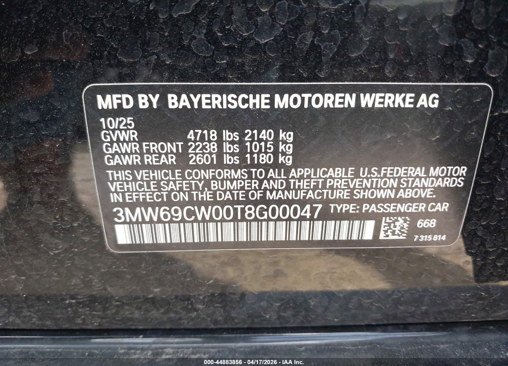 2026 BMW 330I NA VIN: 3MW69CW00T8G00047