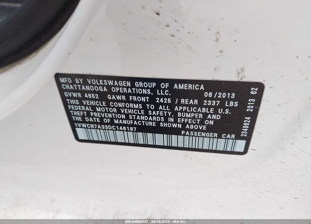 2013 VOLKSWAGEN PASSAT 2.0L TDI SEL PREMIUM VIN: 1VWCN7A33DC146197