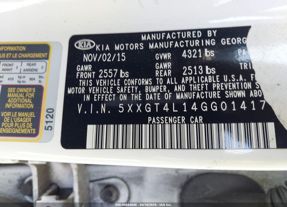 2016 KIA OPTIMA VIN: 5XXGT4L14GG014171
