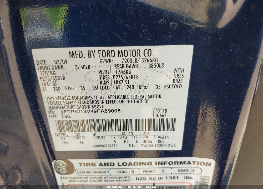 2009 FORD F-150 XL/XLT/FX4/LARIAT VIN: 1FTPW14V49FA89008