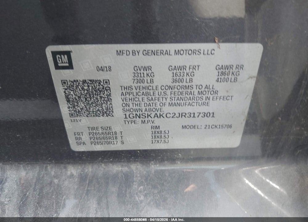 2018 CHEVROLET TAHOE LS VIN: 1GNSKAKC2JR317301