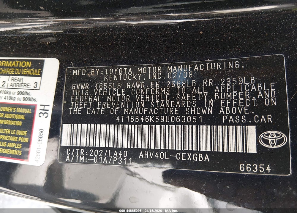 2009 TOYOTA CAMRY HYBRID VIN: 4T1BB46K59U063051