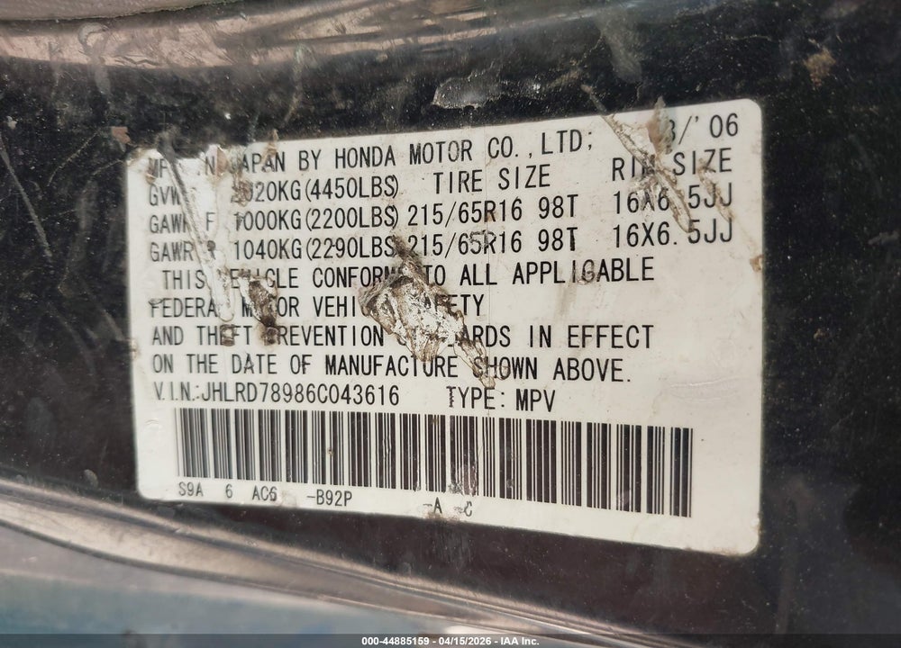 2006 HONDA CR-V SE VIN: JHLRD78986C043616