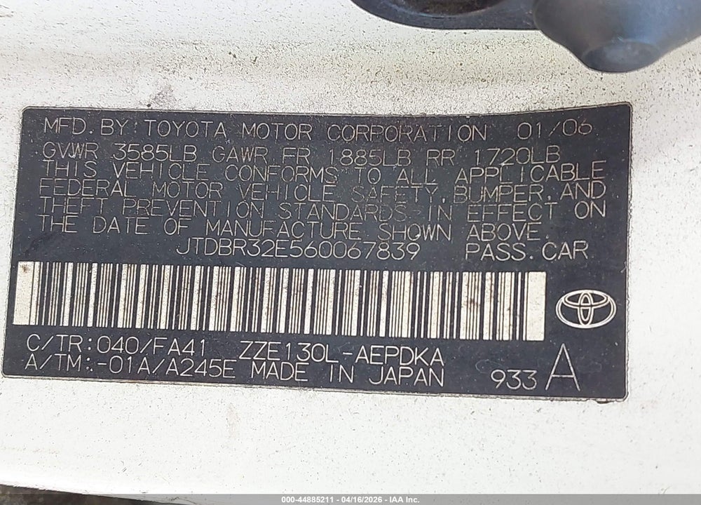2006 TOYOTA COROLLA CE VIN: JTDBR32E560067839