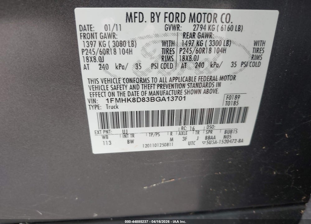2011 FORD EXPLORER XLT VIN: 1FMHK8D83BGA13701