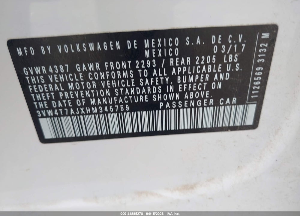 2017 VOLKSWAGEN JETTA GLI VIN: 3VW4T7AJXHM345759