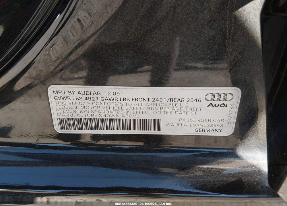 2010 AUDI A4 2.0T PREMIUM VIN: WAUFFAFL0AN038698