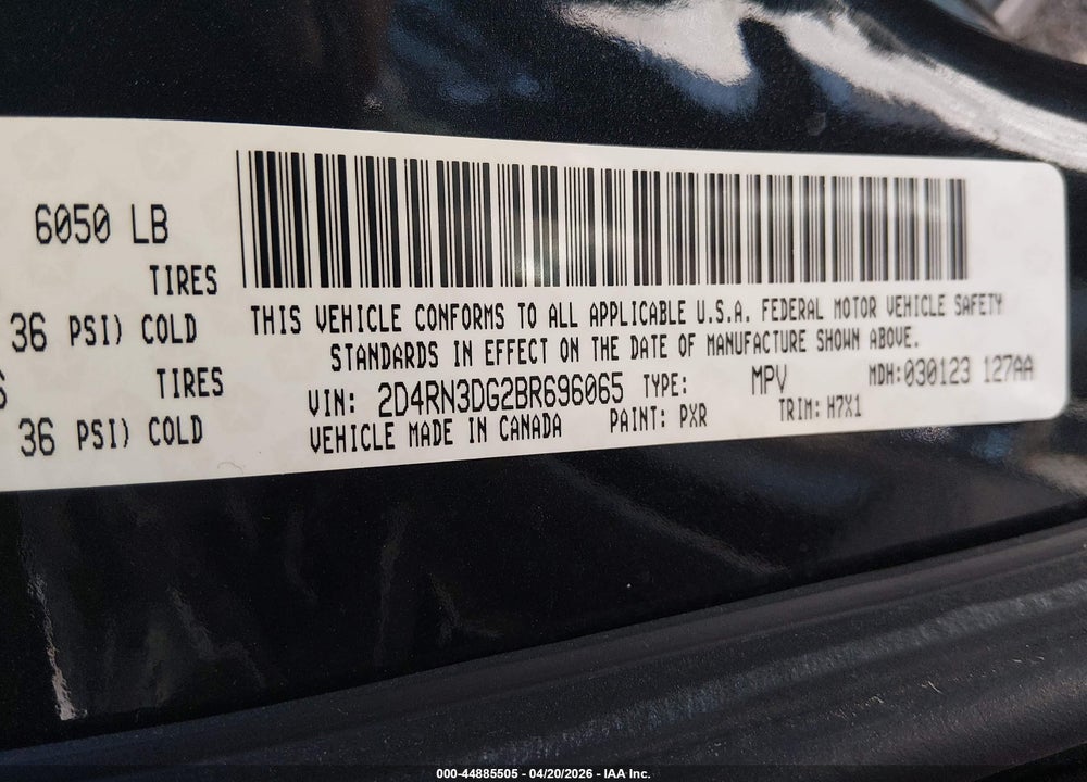 2011 DODGE GRAND CARAVAN MAINSTREET VIN: 2D4RN3DG2BR696065