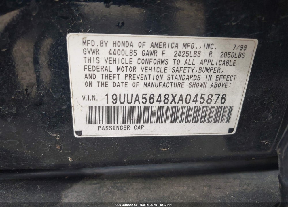 1999 ACURA TL 3.2 VIN: 19UUA5648XA045876