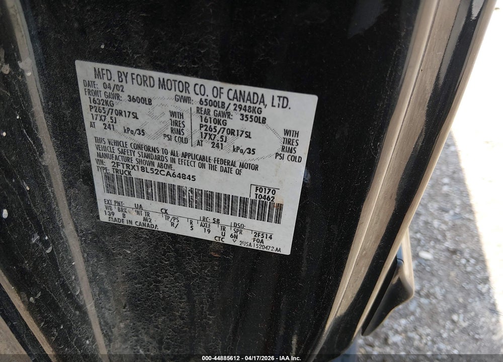 2002 FORD F-150 LARIAT/XL/XLT VIN: 2FTRX18L52CA64845