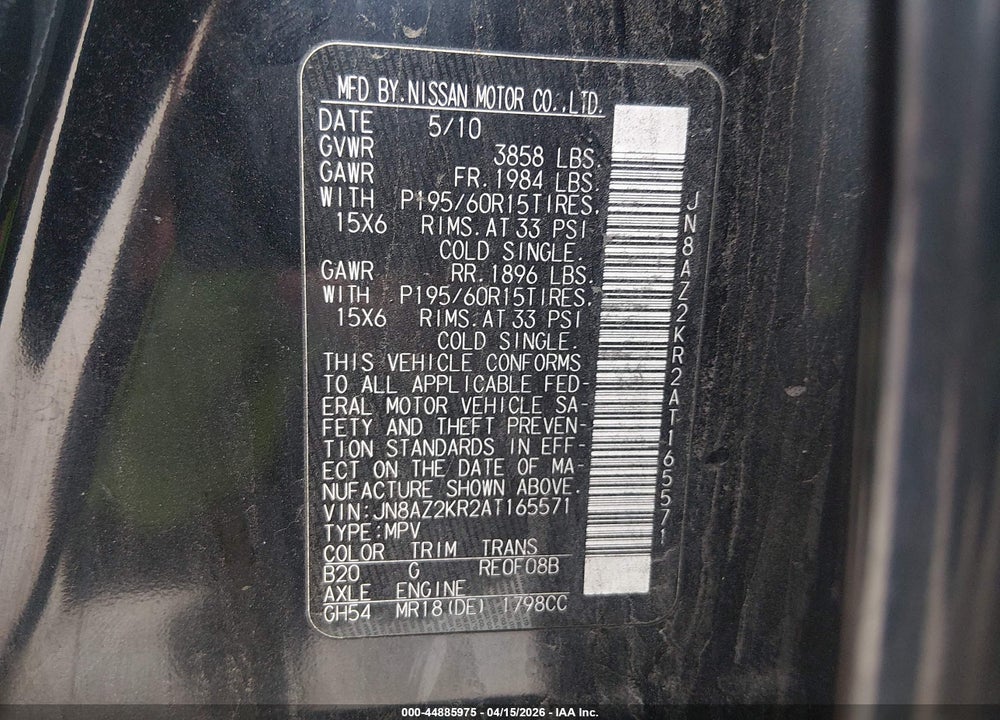 2010 NISSAN CUBE 1.8S VIN: JN8AZ2KR2AT165571