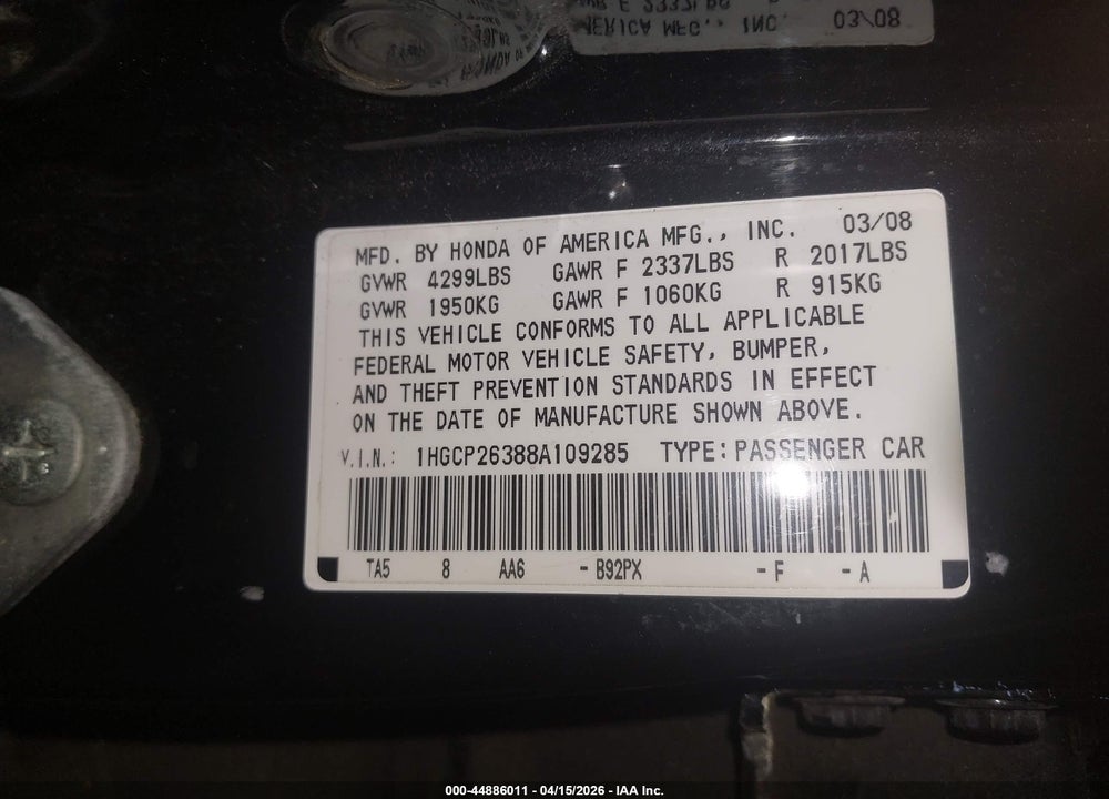 2008 HONDA ACCORD 2.4 LX VIN: 1HGCP26388A109285