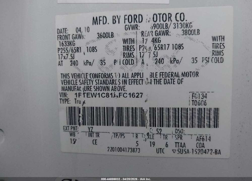 2010 FORD F-150 VIN: 1FTEW1C81AFC16272
