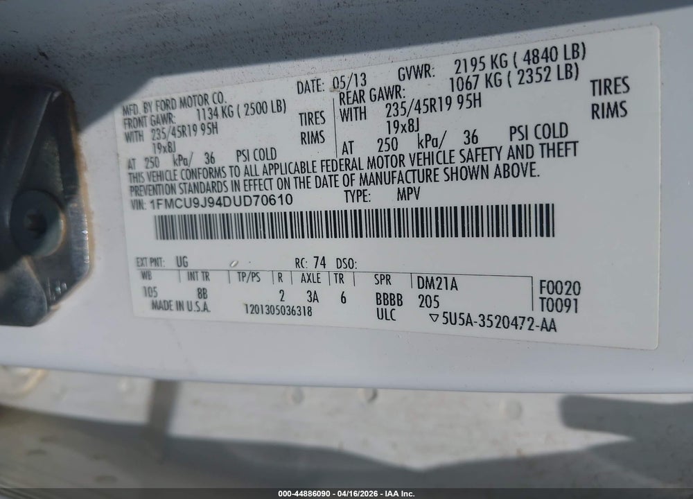 2013 FORD ESCAPE TITANIUM VIN: 1FMCU9J94DUD70610