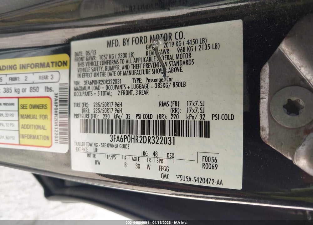 2013 FORD FUSION SE VIN: 3FA6P0HR2DR322031