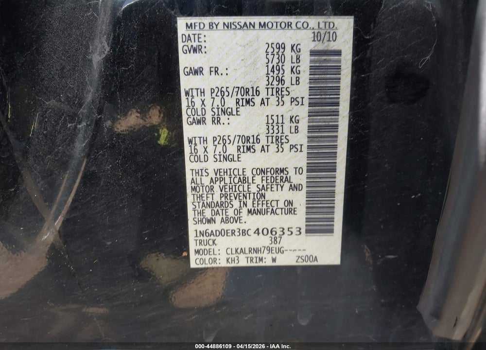 2011 NISSAN FRONTIER S VIN: 1N6AD0ER3BC406353