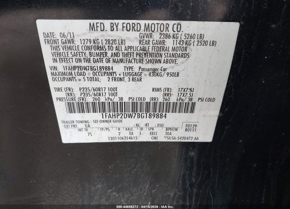 2011 FORD TAURUS SE VIN: 1FAHP2DW7BG189884