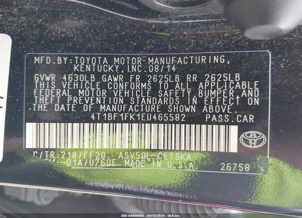 2014 TOYOTA CAMRY SE VIN: 4T1BF1FK1EU465582