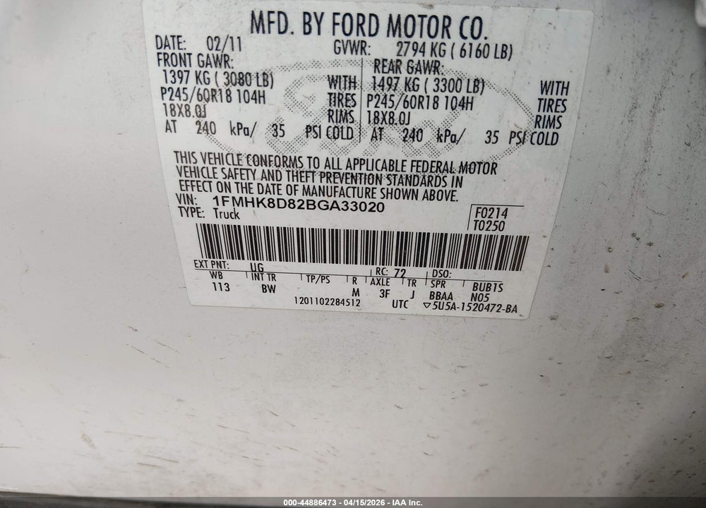 2011 FORD EXPLORER XLT VIN: 1FMHK8D82BGA33020