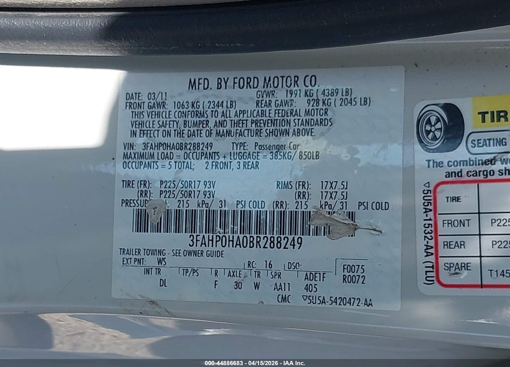 2011 FORD FUSION SE VIN: 3FAHP0HA0BR288249