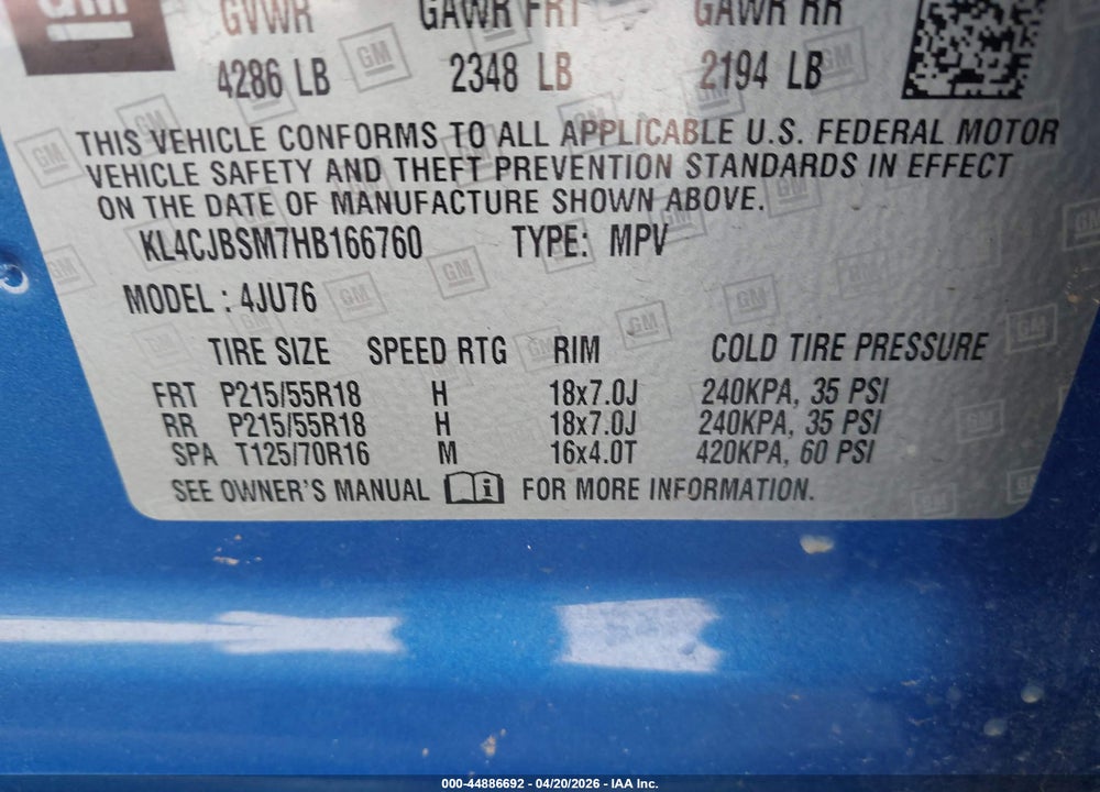 2017 BUICK ENCORE PREFERRED II VIN: KL4CJBSM7HB166760