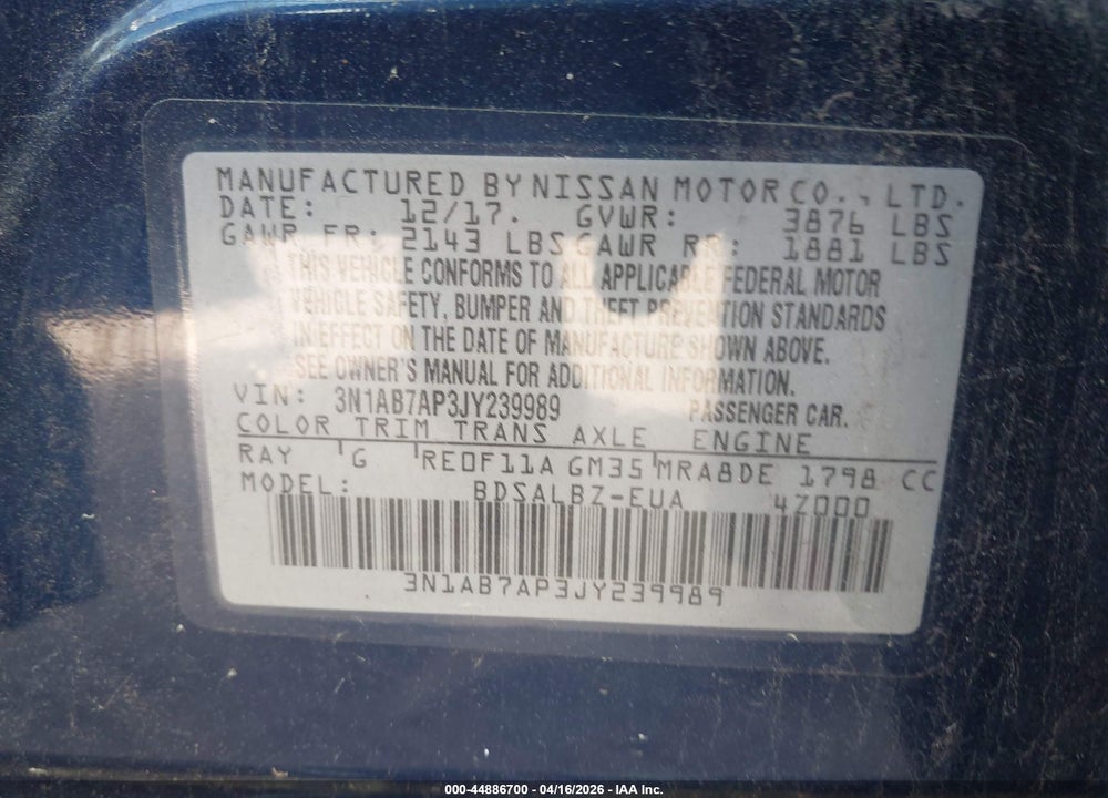 2018 NISSAN SENTRA S VIN: 3N1AB7AP3JY239989