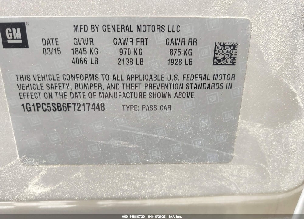 2015 CHEVROLET CRUZE LT VIN: 1G1PC5SB6F7217448