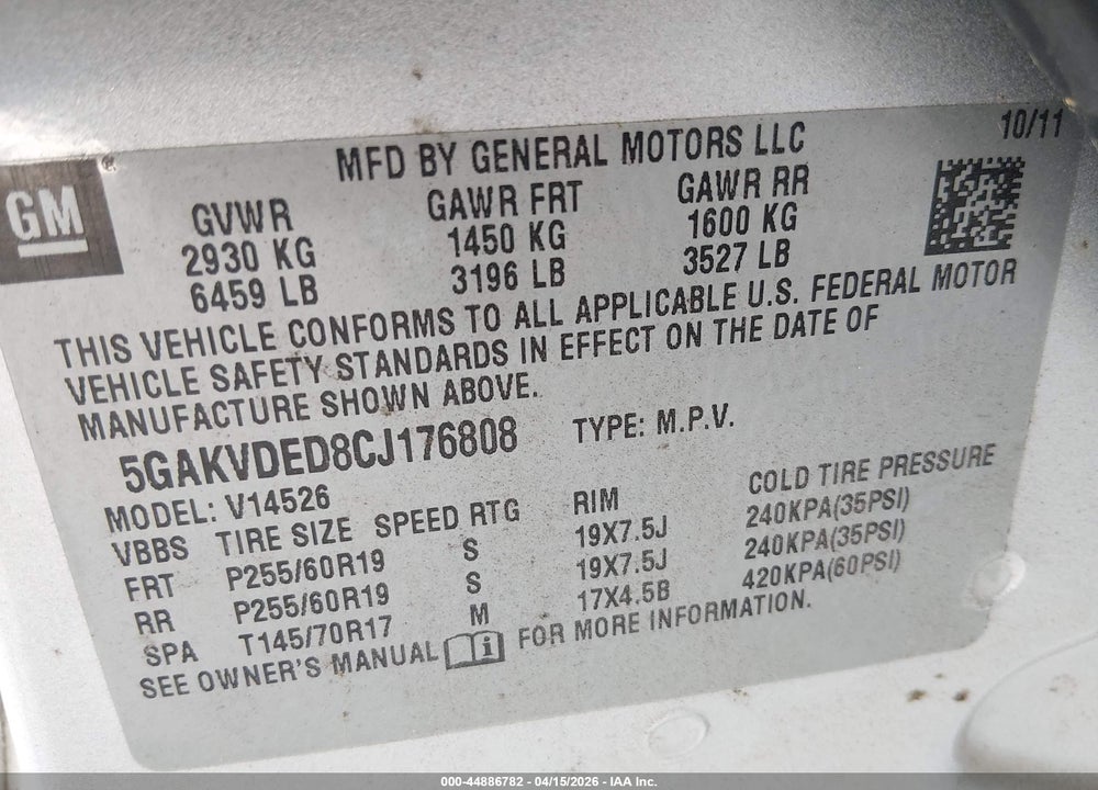 2012 BUICK ENCLAVE PREMIUM VIN: 5GAKVDED8CJ176808