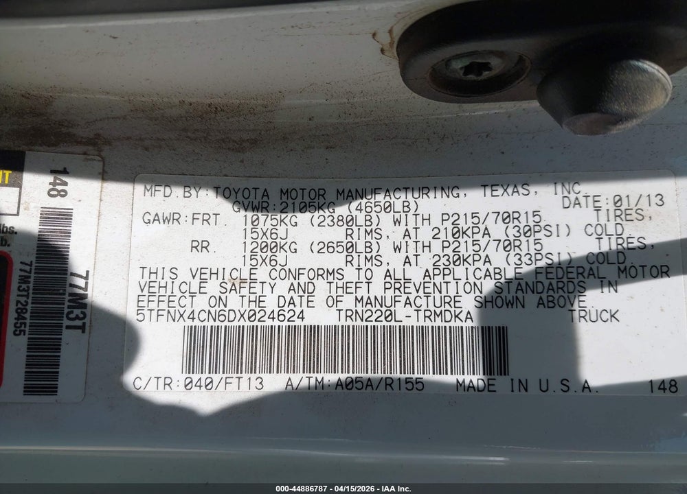 2013 TOYOTA TACOMA VIN: 5TFNX4CN6DX024624