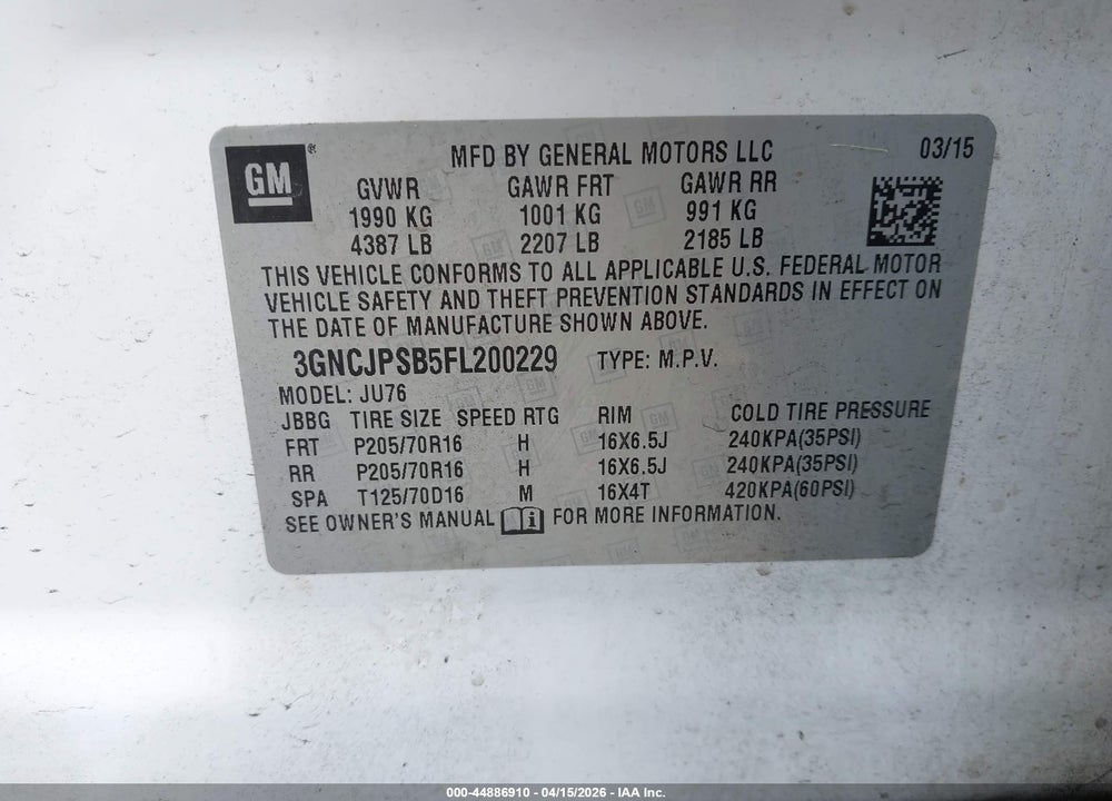 2015 CHEVROLET TRAX 1LS VIN: 3GNCJPSB5FL200229