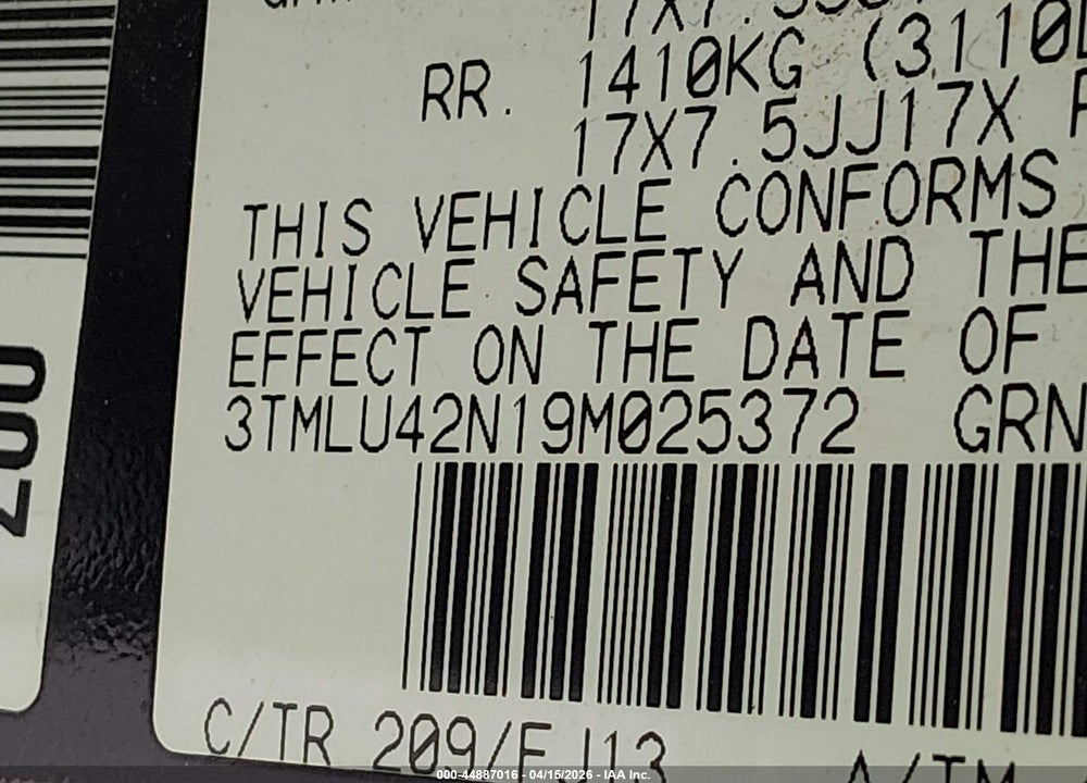 2009 TOYOTA TACOMA BASE V6 VIN: 3TMLU42N19M025372