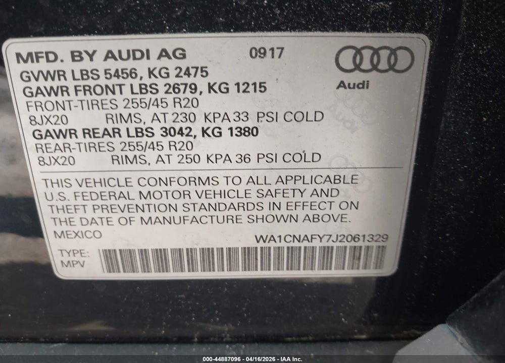 2018 AUDI Q5 2.0T PREMIUM VIN: WA1CNAFY7J2061329