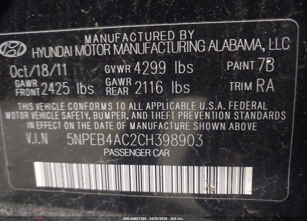 2012 HYUNDAI SONATA GLS VIN: 5NPEB4AC2CH398903