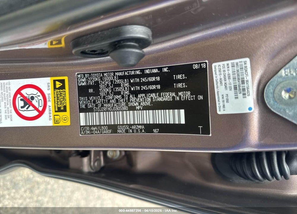 2018 TOYOTA HIGHLANDER VIN: 5TDJZRFH0JS905980