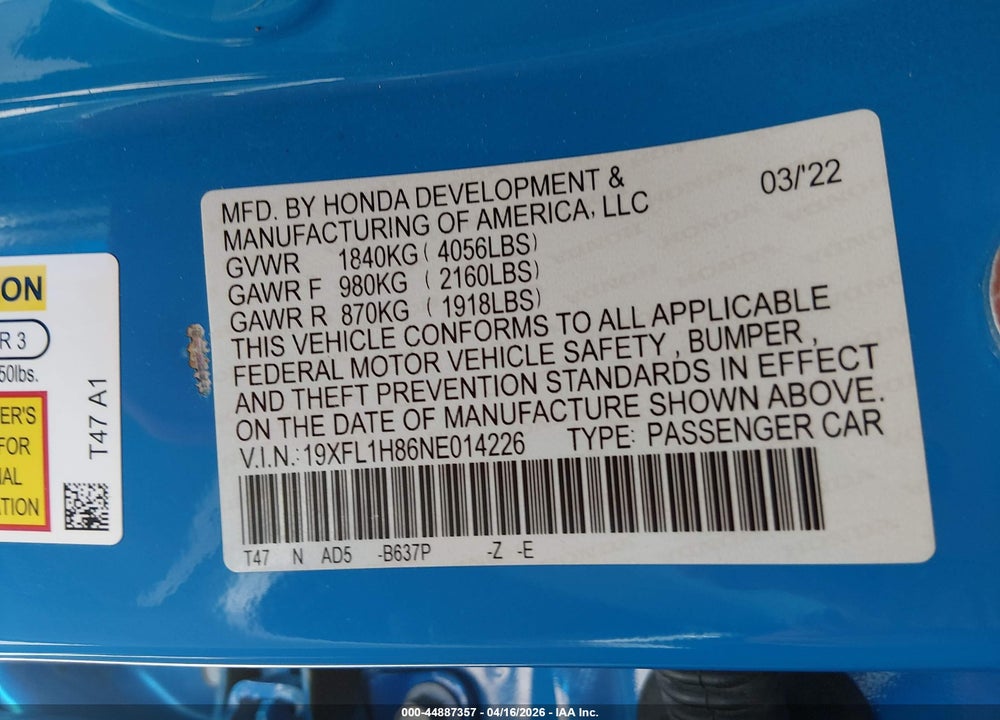 2022 HONDA CIVIC SPORT TOURING VIN: 19XFL1H86NE014226