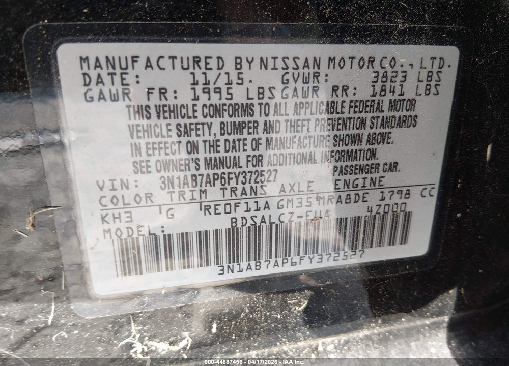 2015 NISSAN SENTRA S VIN: 3N1AB7AP6FY372527