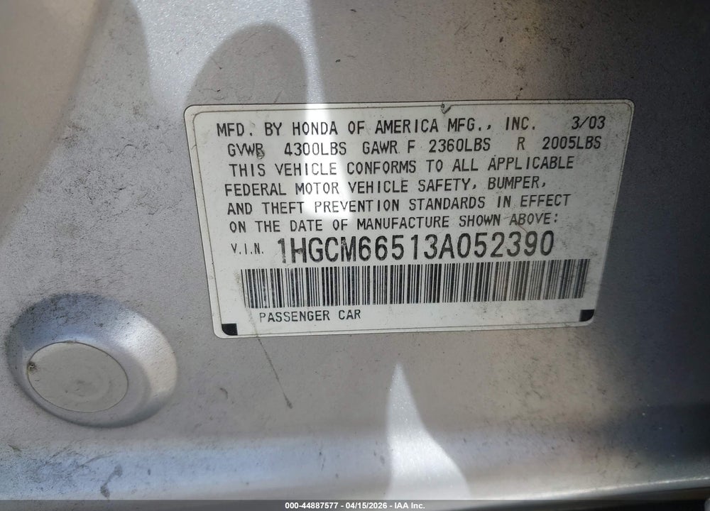 2003 HONDA ACCORD 3.0 EX VIN: 1HGCM66513A052390