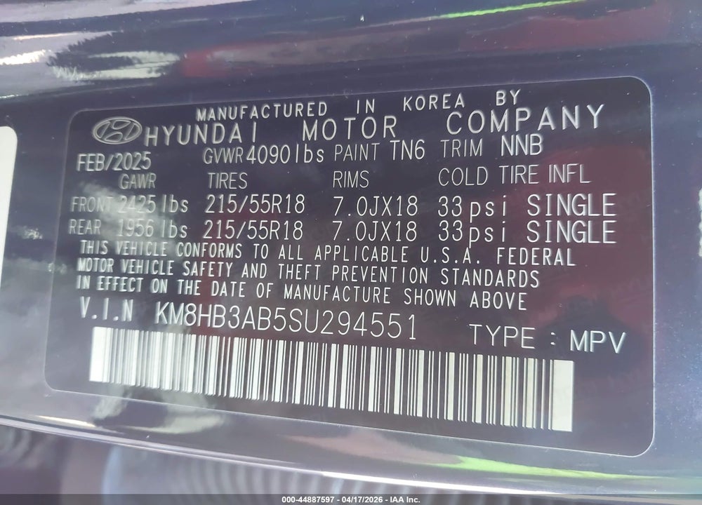 2025 HYUNDAI KONA SEL VIN: KM8HB3AB5SU294551