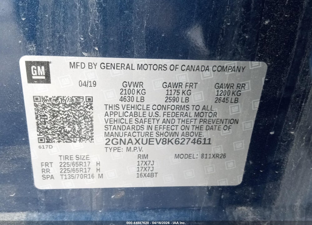 2019 CHEVROLET EQUINOX LT VIN: 2GNAXUEV8K6274611