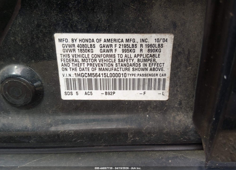 2005 HONDA ACCORD 2.4 LX VIN: 1HGCM56415L000010