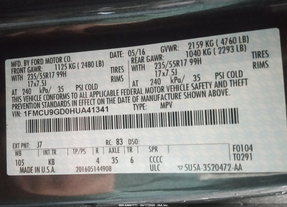 2017 FORD ESCAPE SE VIN: 1FMCU9GD0HUA41341