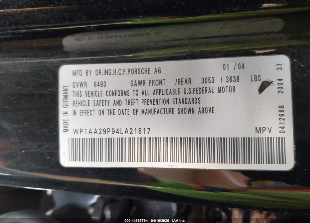 2004 PORSCHE CAYENNE V6 VIN: WP1AA29P94LA21817