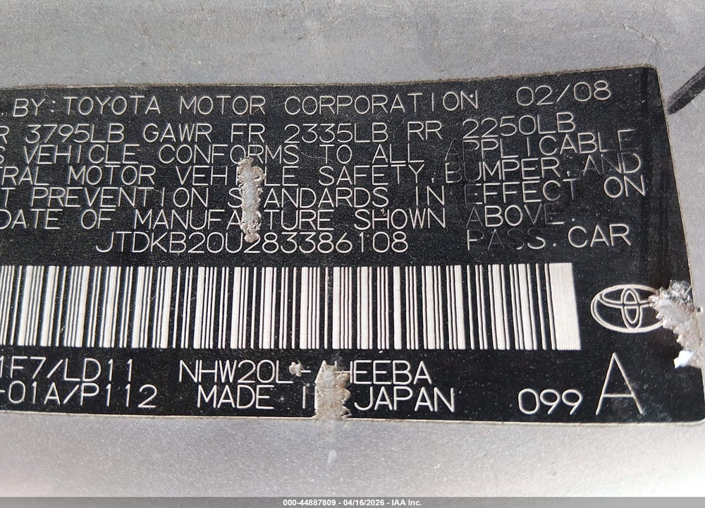 2008 TOYOTA PRIUS VIN: JTDKB20U283386108