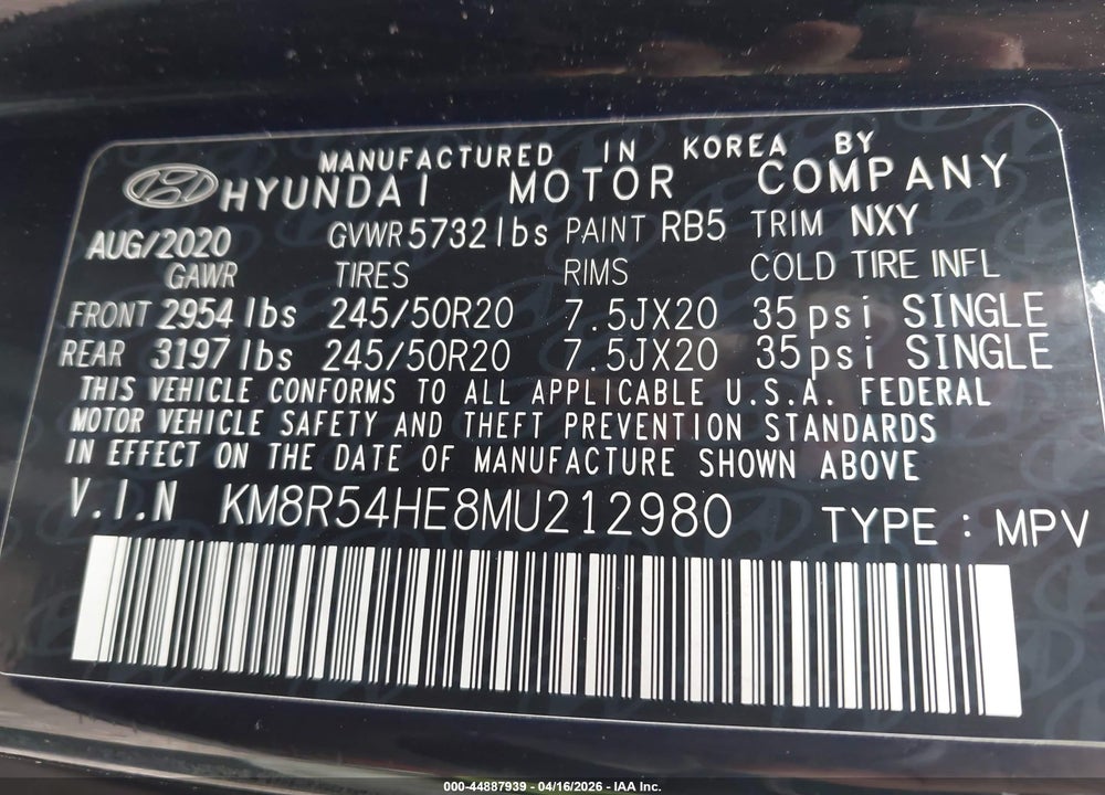 2021 HYUNDAI PALISADE LIMITED VIN: KM8R54HE8MU212980