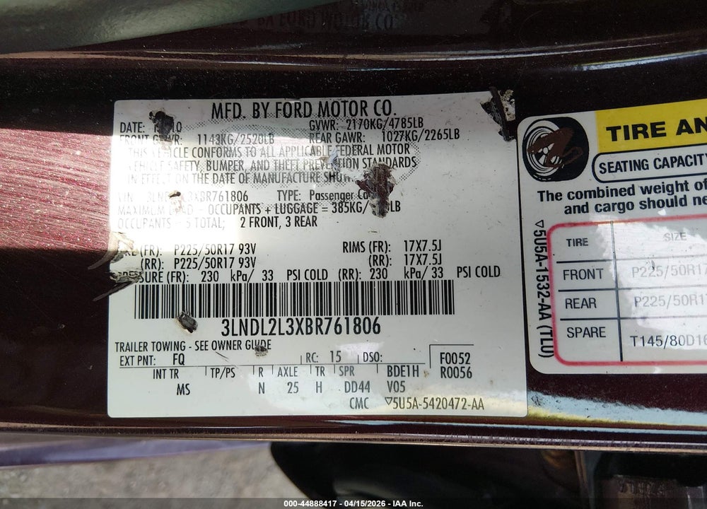 2011 LINCOLN MKZ HYBRID VIN: 3LNDL2L3XBR761806