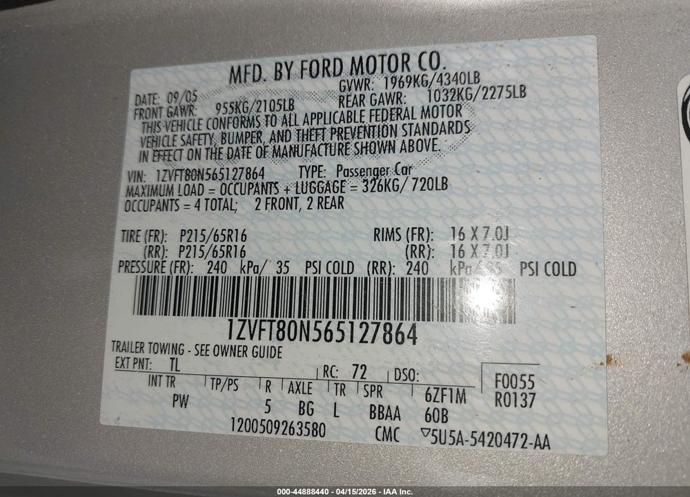 2006 FORD MUSTANG V6 VIN: 1ZVFT80N565127864