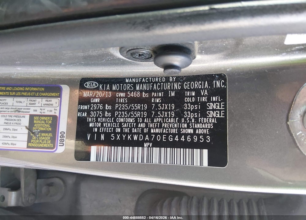 2014 KIA SORENTO LIMITED V6 VIN: 5XYKWDA70EG446953
