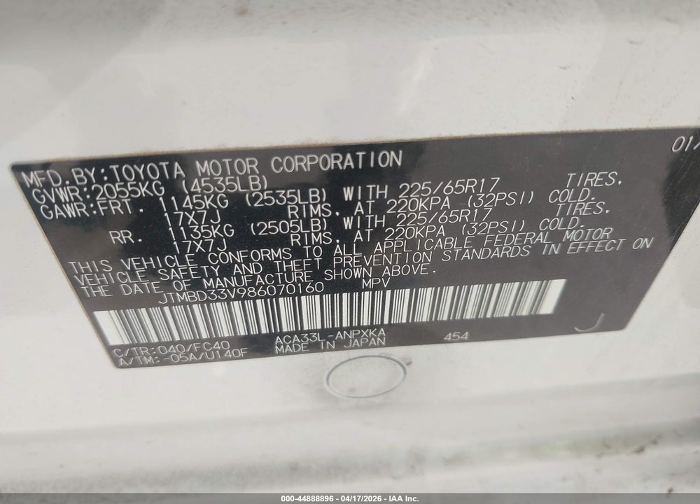 2008 TOYOTA RAV4 VIN: JTMBD33V986070160