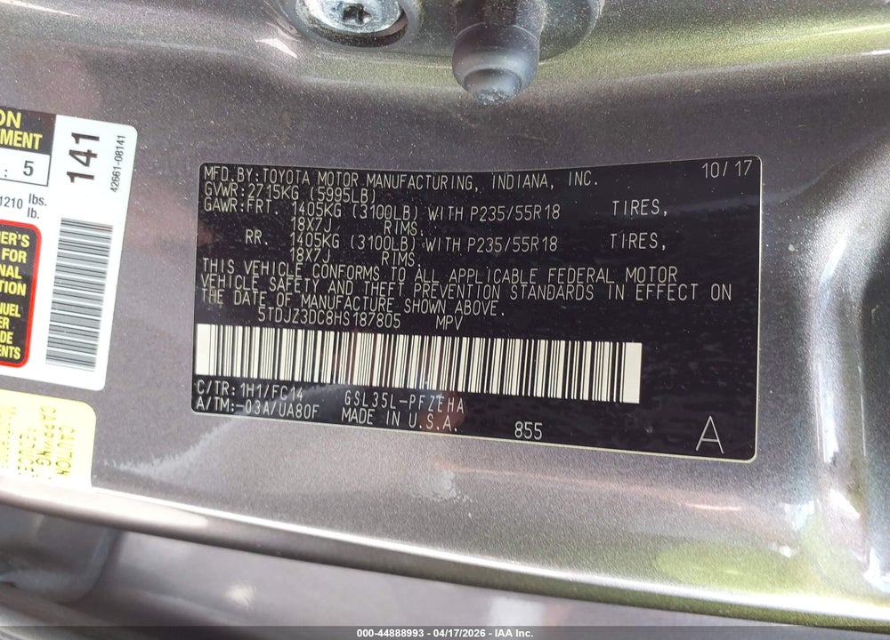 2017 TOYOTA SIENNA LE 7 PASSENGER VIN: 5TDJZ3DC8HS187805
